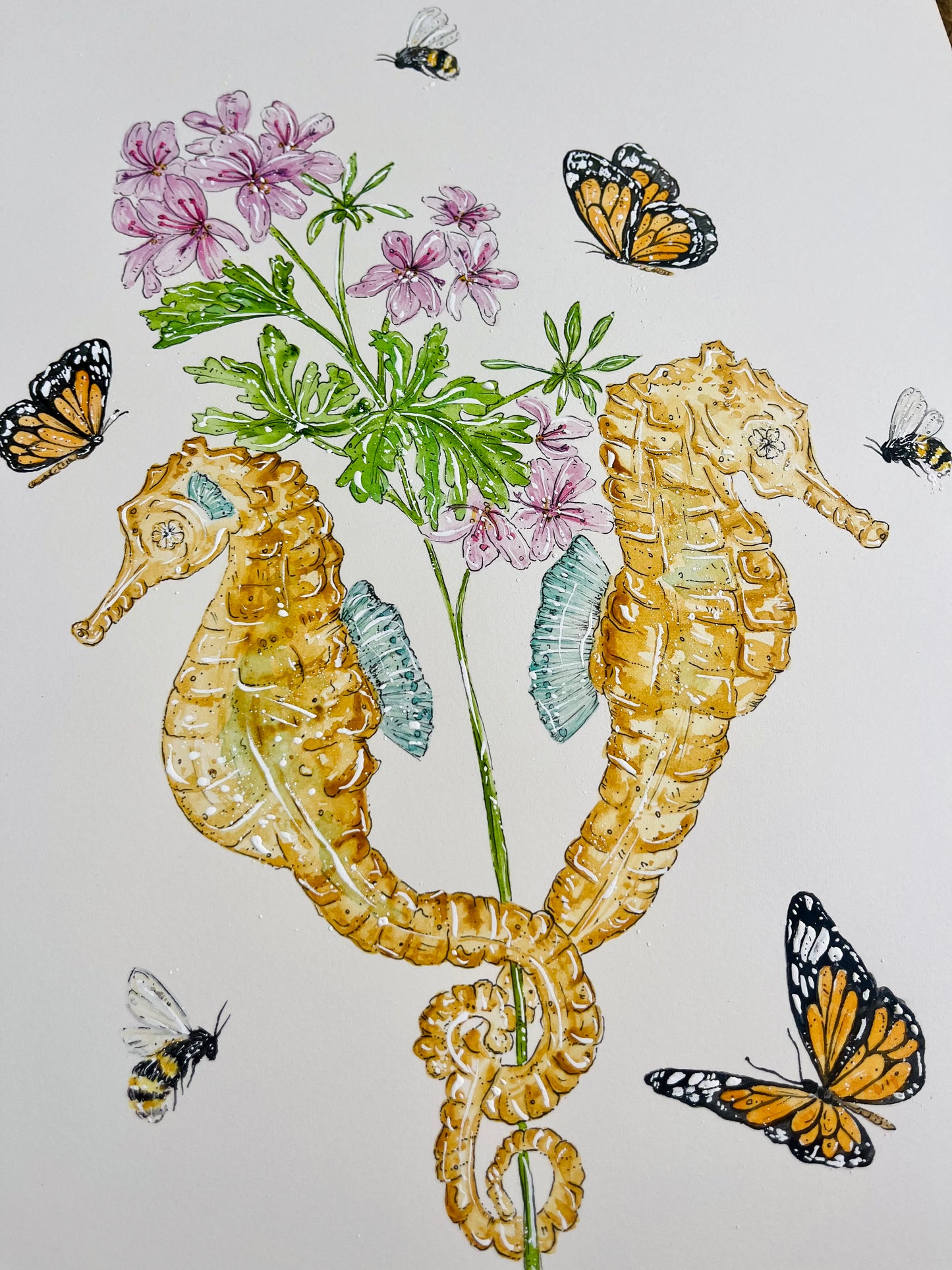 'Grace in the Depths' Seahorse & Geranium | Original Watercolour Artwork