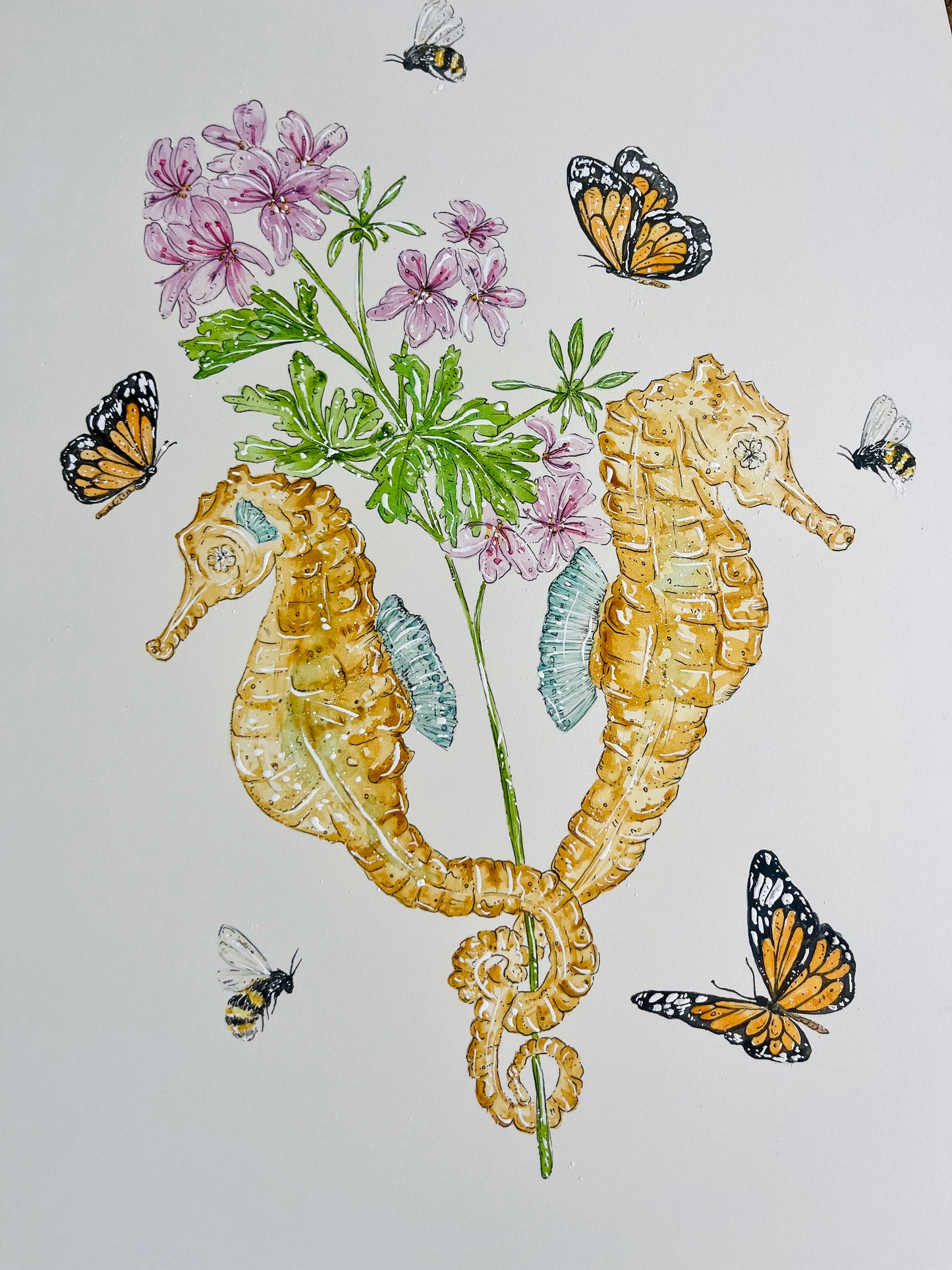 'Grace in the Depths' Seahorse & Geranium | Original Watercolour Artwork
