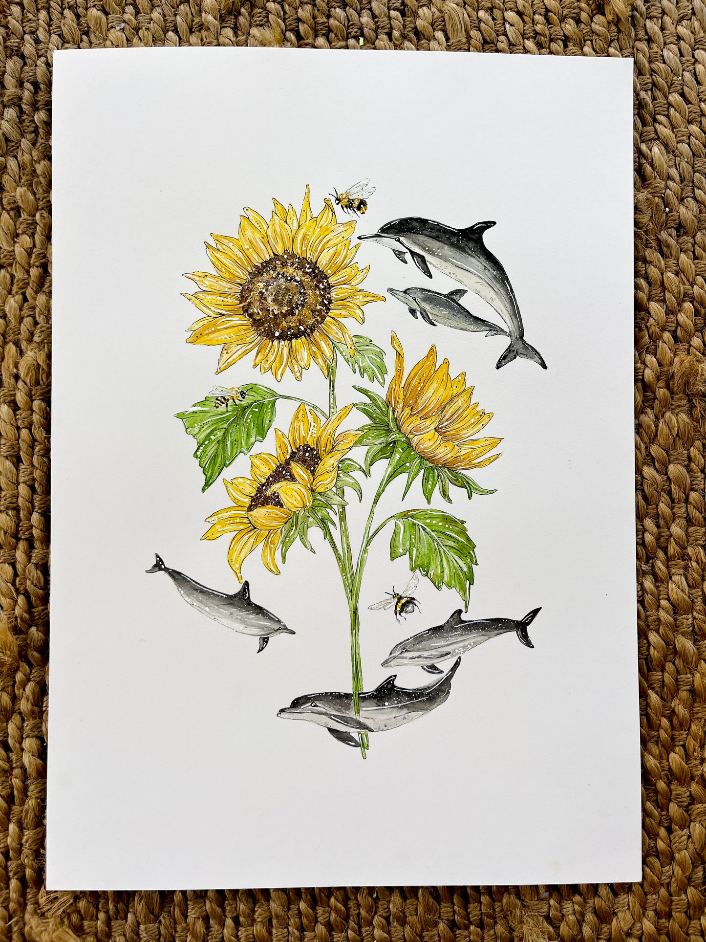 'Swim Toward the Sun' Dolphin & Sunflower | Original Watercolour Artwork
