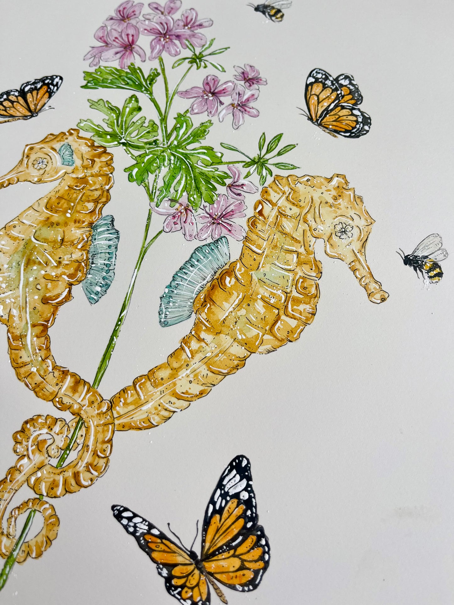 'Grace in the Depths' Seahorse & Geranium | Original Watercolour Artwork