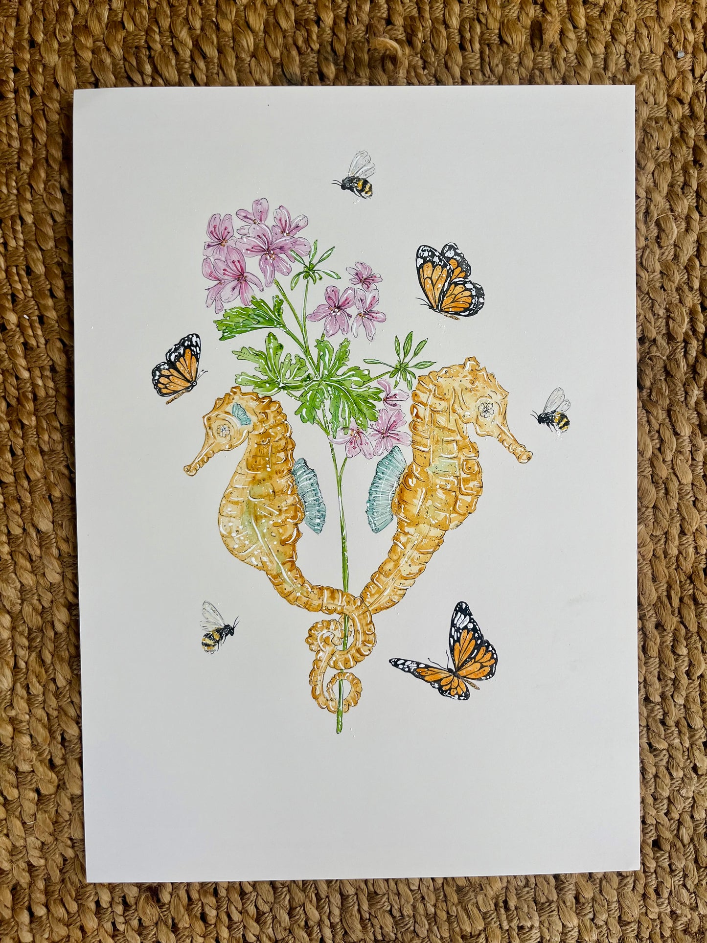'Grace in the Depths' Seahorse & Geranium | Original Watercolour Artwork