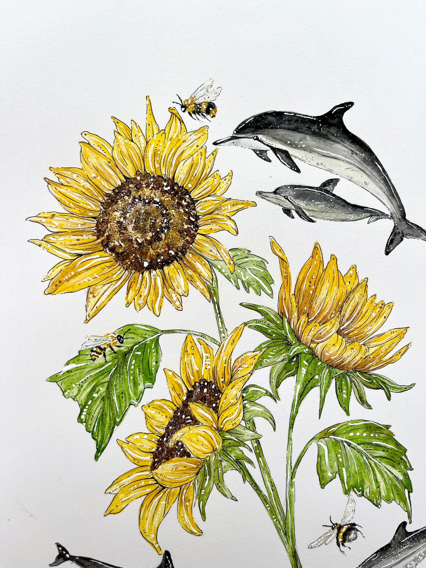 'Swim Toward the Sun' Dolphin & Sunflower | Original Watercolour Artwork