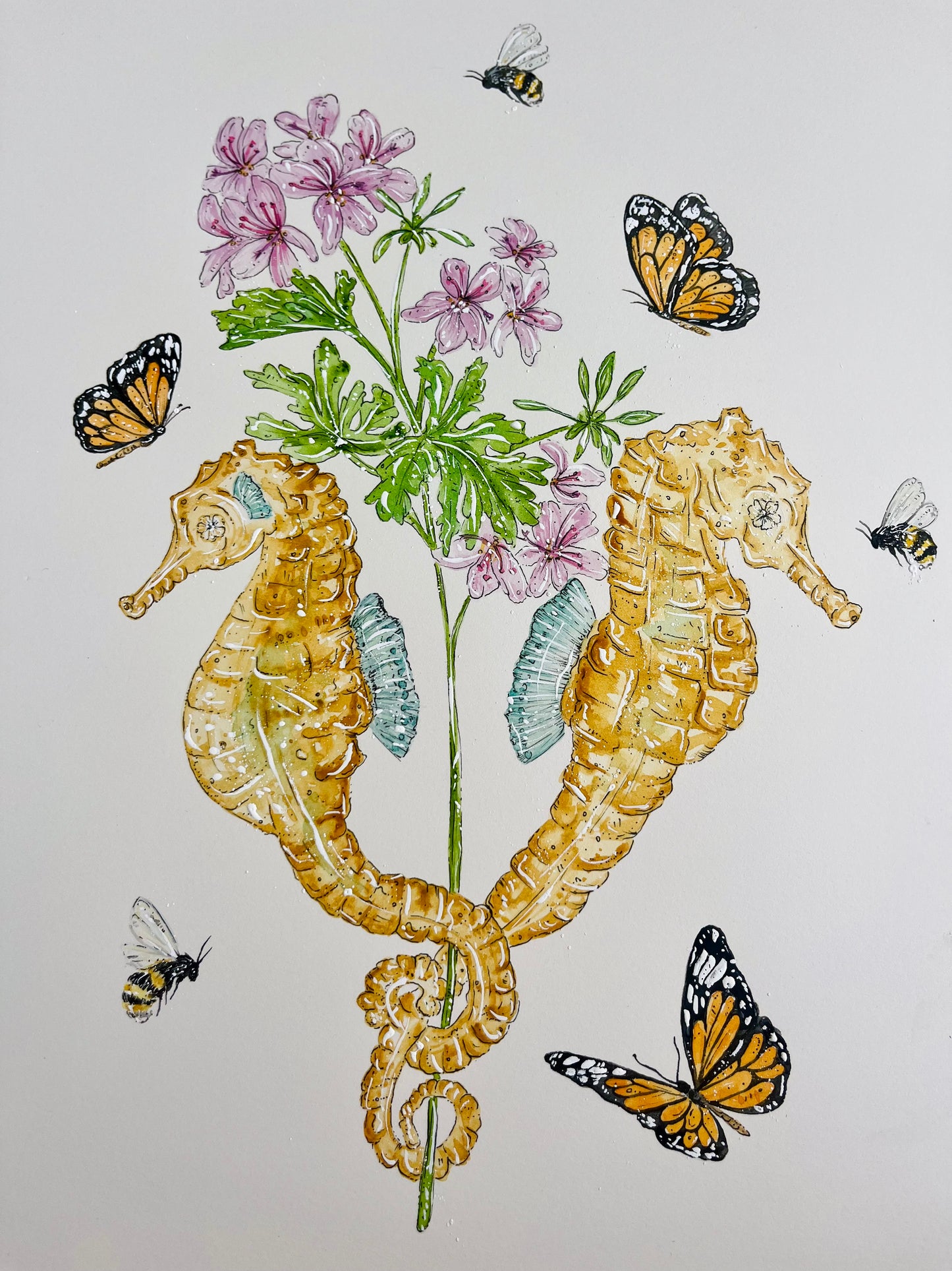 'Grace in the Depths' Seahorse & Geranium | Original Watercolour Artwork