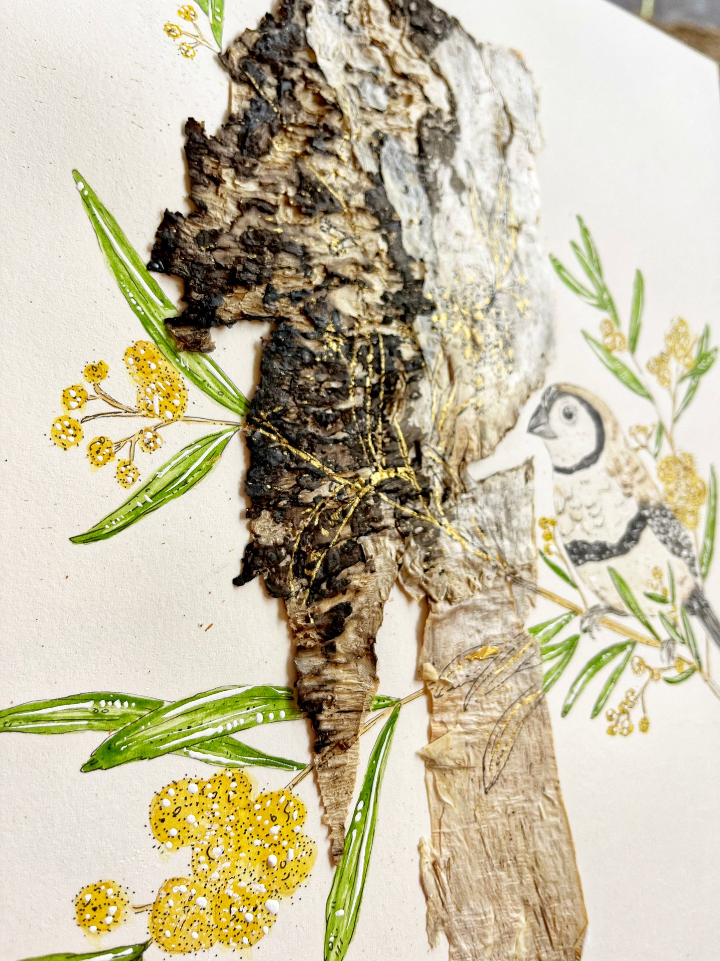 ‘Whispers in the Wattle’ | Original Watercolour & Paperbark Artwork