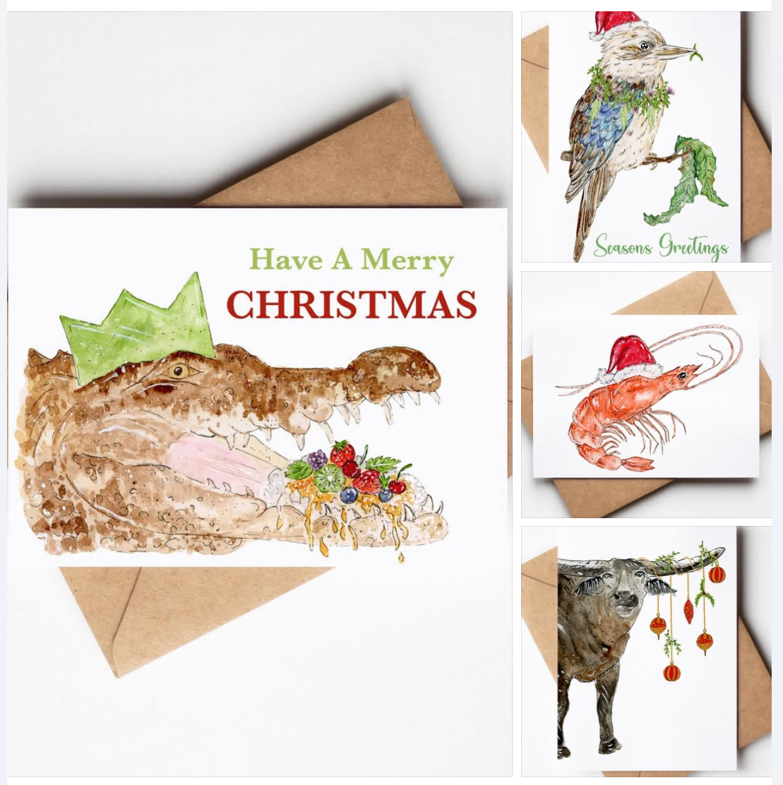 Top End Christmas cards, Aussie Christmas cards, NT Christmas cards, Collage of Christmas cards with various animals and festive elements.