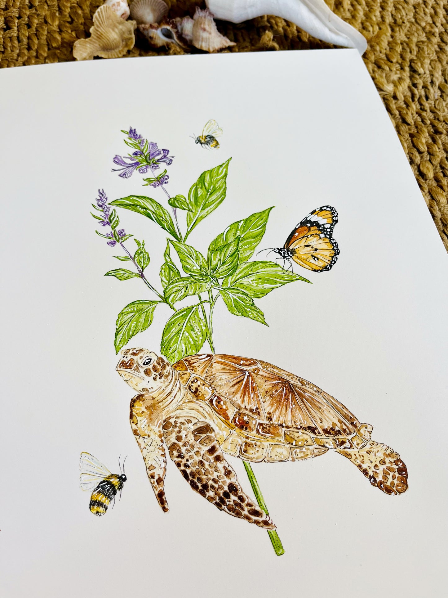 'Humble Abode' Sea Turtle & Tulsi | Original Watercolor Artwork