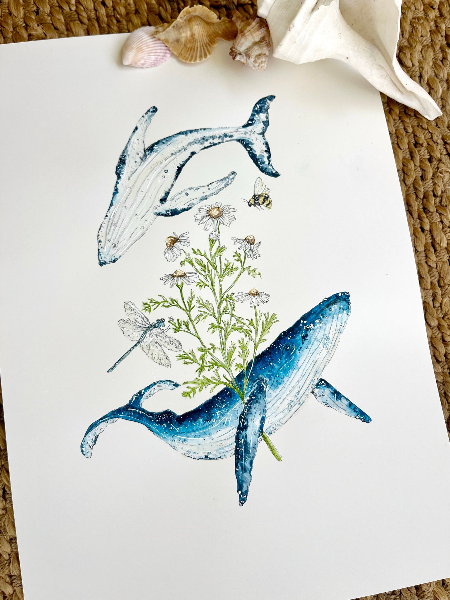 'Ocean Whispers' – Humpback Whales & Chamomile | Original Watercolor Artwork