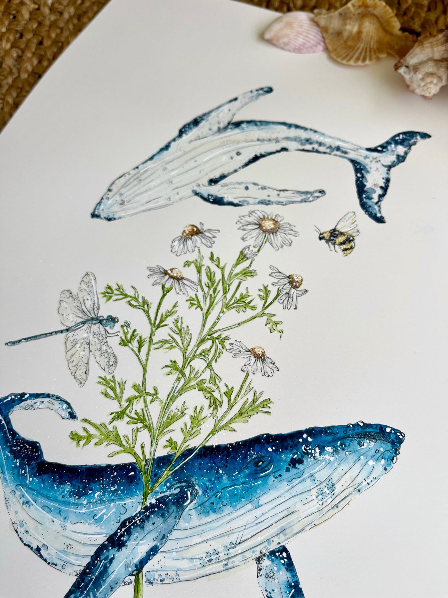 'Ocean Whispers' – Humpback Whales & Chamomile | Original Watercolor Artwork