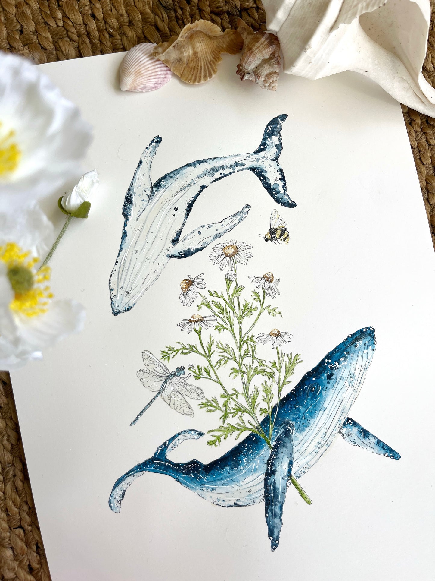 'Ocean Whispers' – Humpback Whales & Chamomile | Original Watercolor Artwork