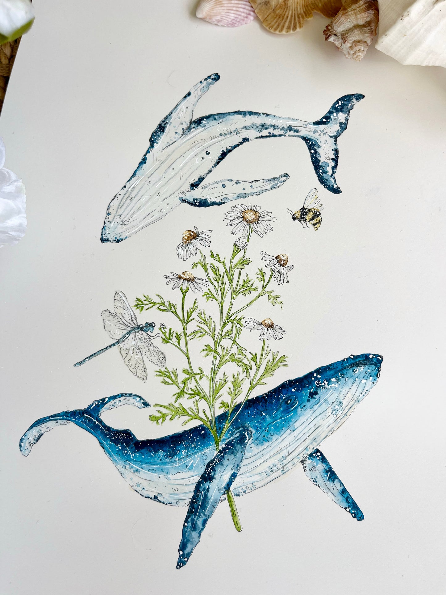 'Ocean Whispers' – Humpback Whales & Chamomile | Original Watercolor Artwork