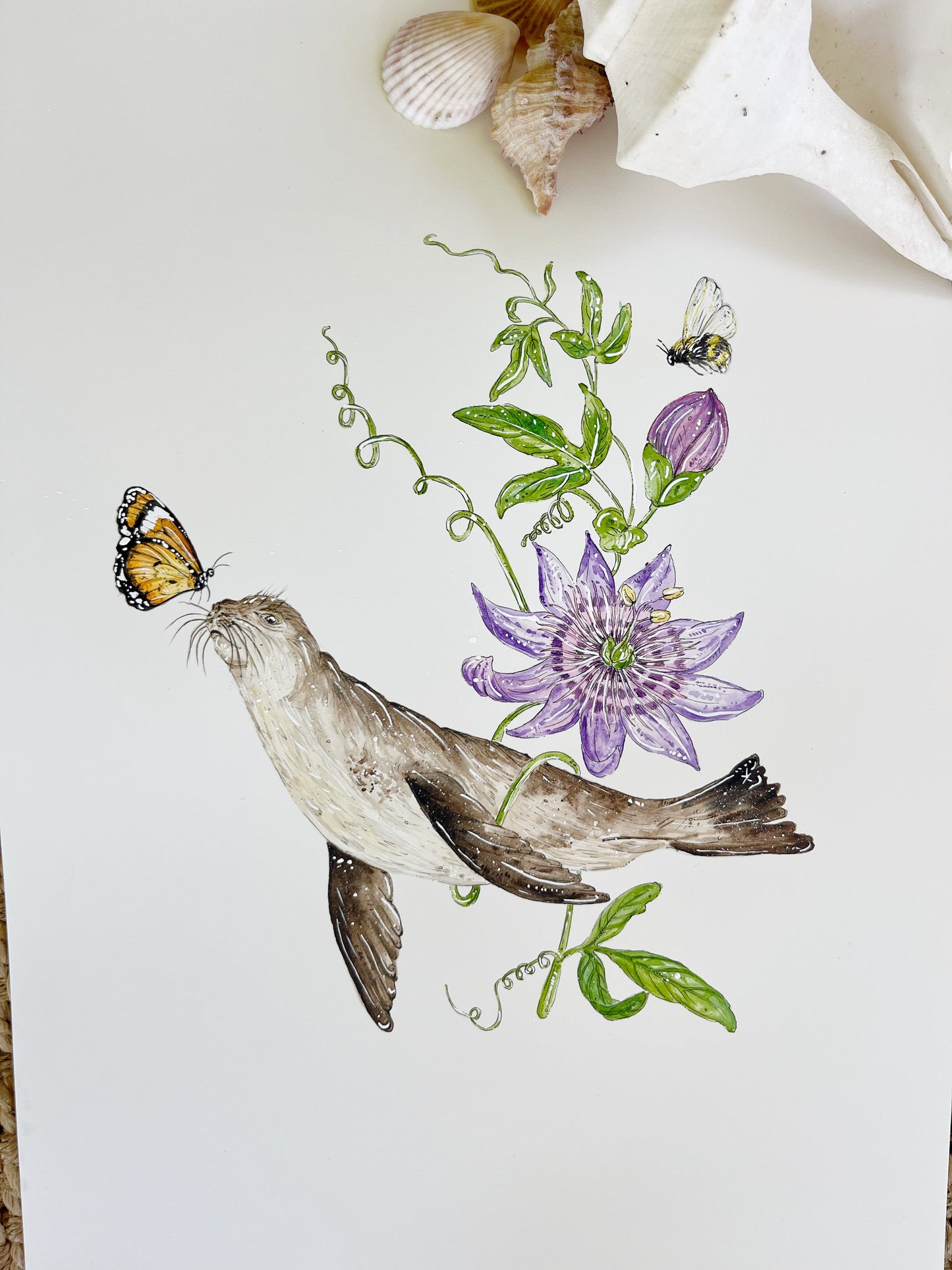 'Serenade of the Sea' – Seal & Passionflower | Original Watercolor Artwork