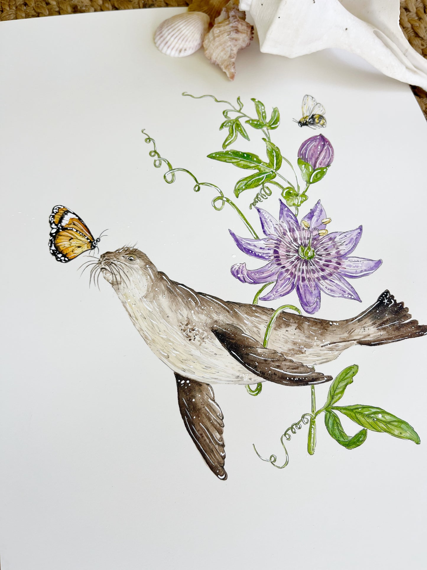 'Serenade of the Sea' – Seal & Passionflower | Original Watercolor Artwork