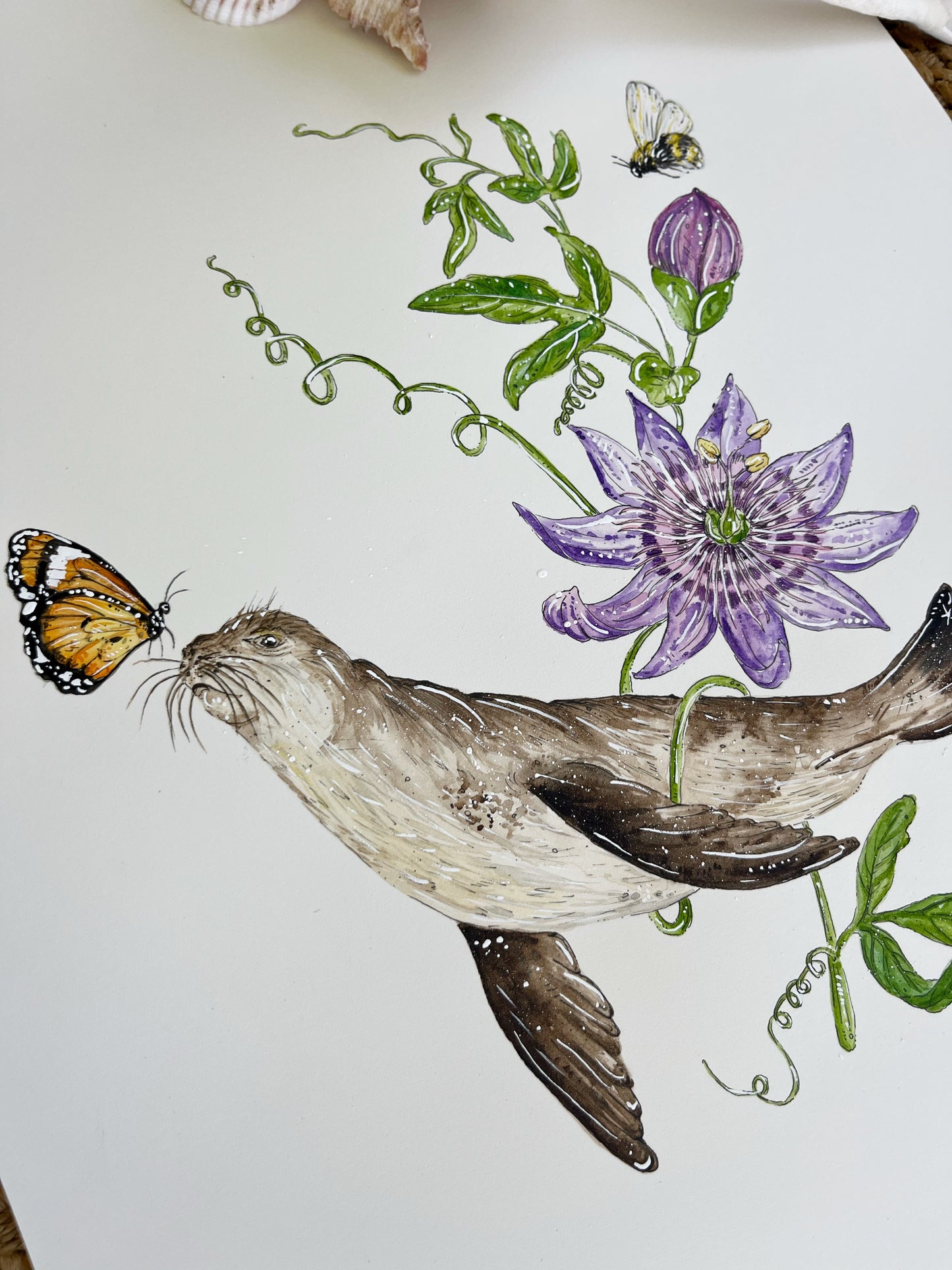 'Serenade of the Sea' – Seal & Passionflower | Original Watercolor Artwork