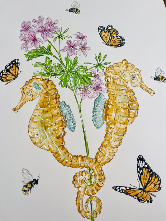 'Grace in the Depths' Seahorse & Geranium | Original Watercolour Artwork