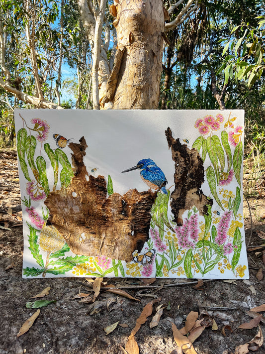‘In Bloom’ -Original watercolour & Australian Paperbark
