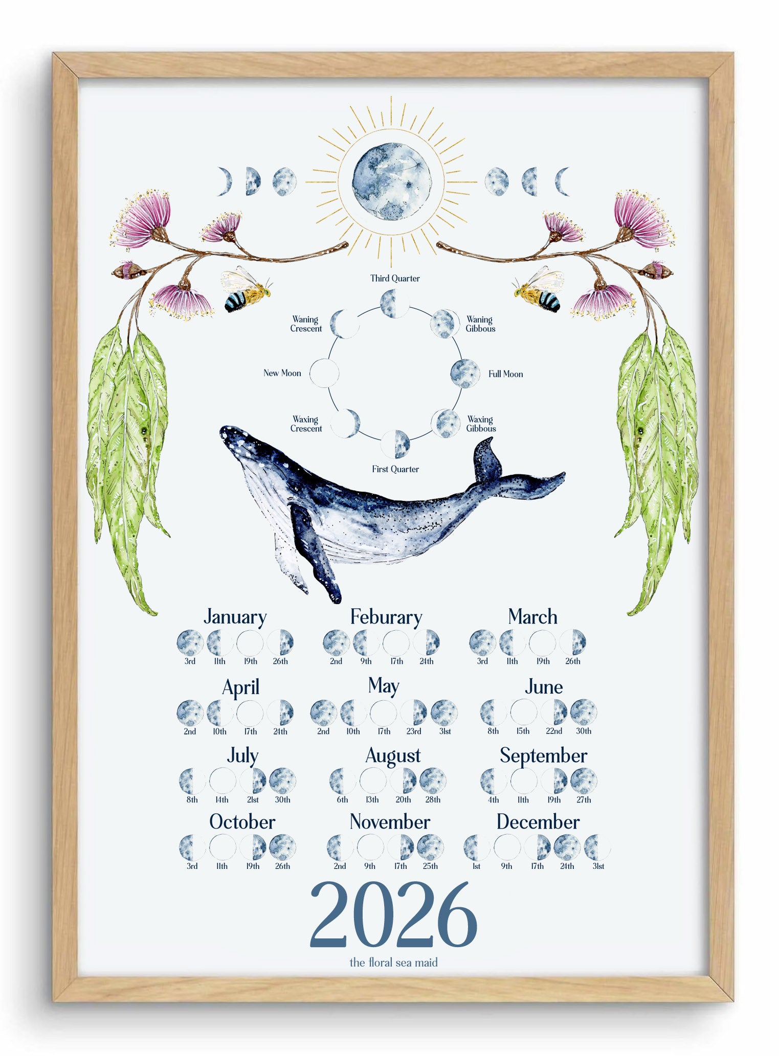 Framed artwork with a whale and moon phases for 2026, featuring a wooden frame. 2026 Lunar moon calendar