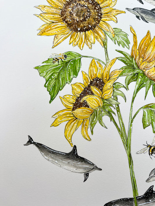 'Swim Toward the Sun' Dolphin & Sunflower | Original Watercolour Artwork