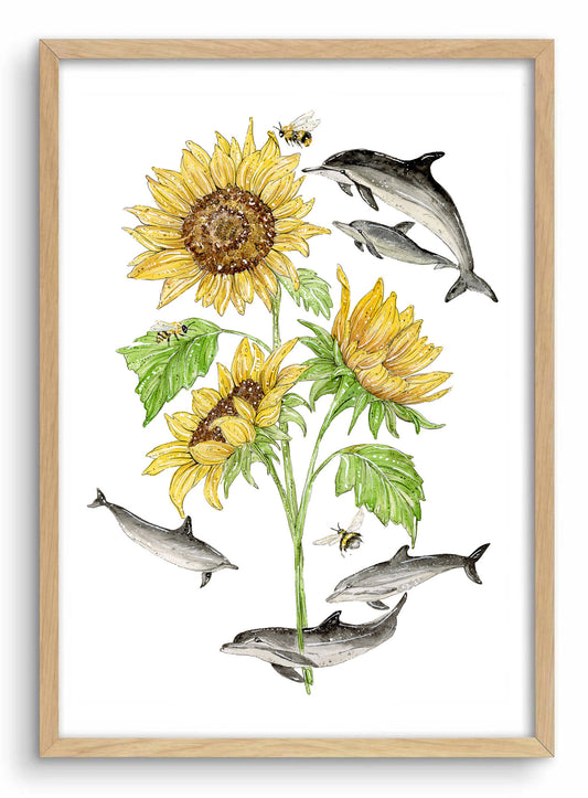 ‘Swim Toward the Sun' Dolphin & Sunflower | Watercolour Art print