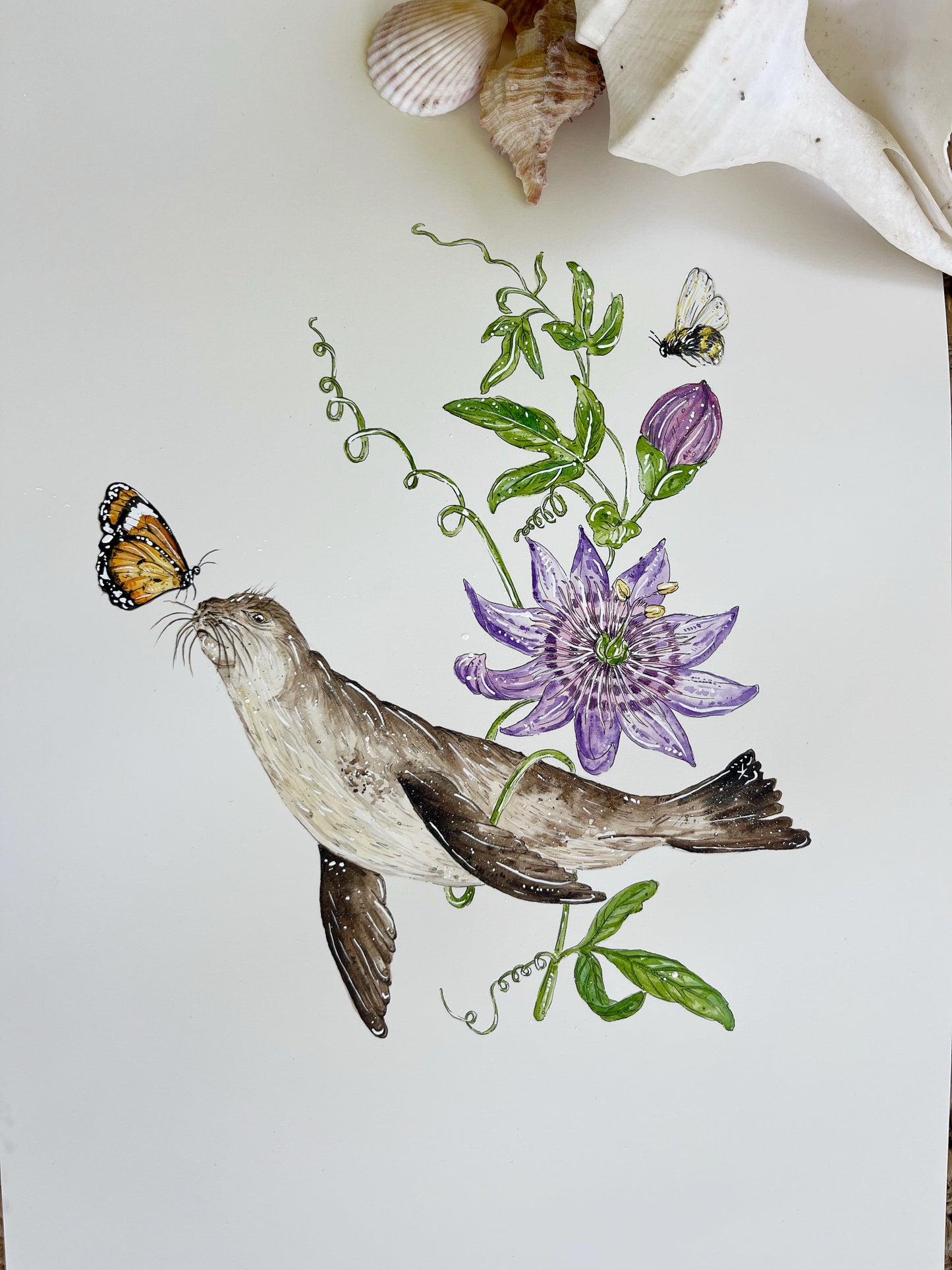 'Serenade of the Sea' – Seal & Passionflower | Original Watercolor Artwork