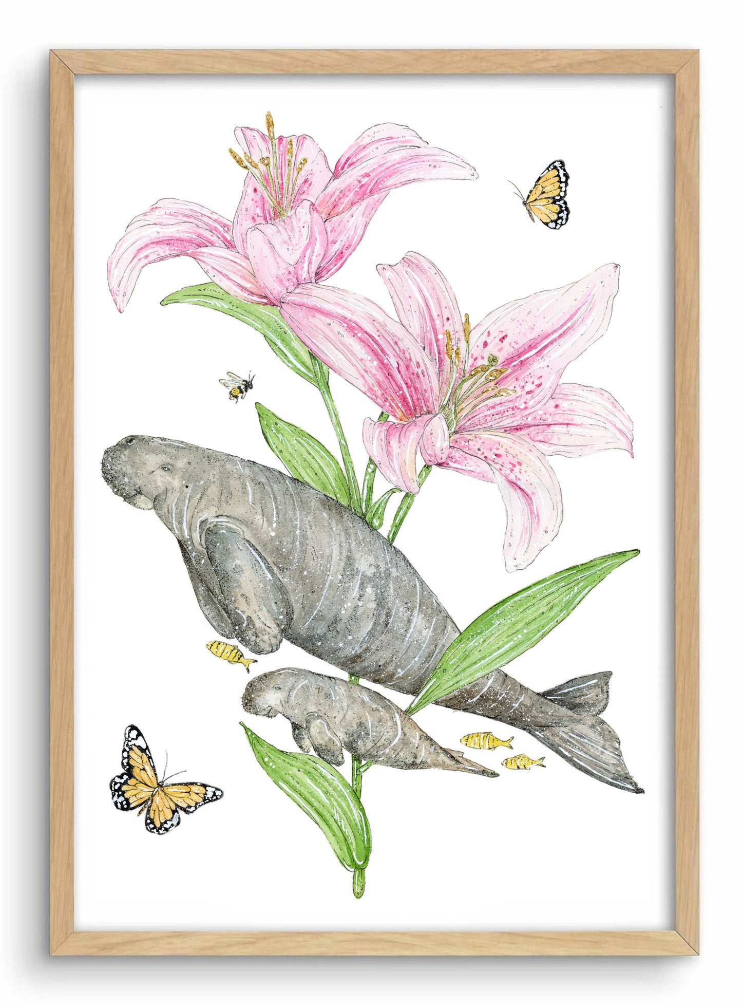 Framed artwork with a dugong, manatee, pink lilies, and butterflies on a white background