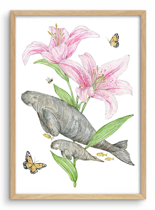 Framed artwork with a dugong, manatee, pink lilies, and butterflies on a white background