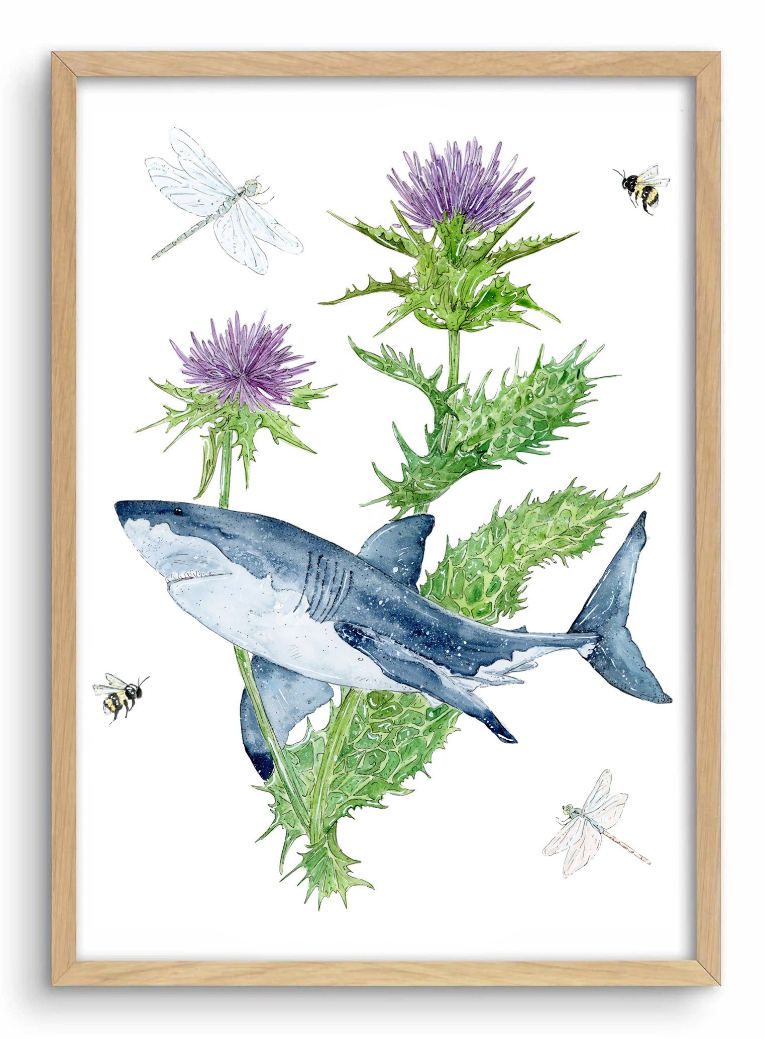 Framed artwork with a shark, thistles, and dragonflies on a white background