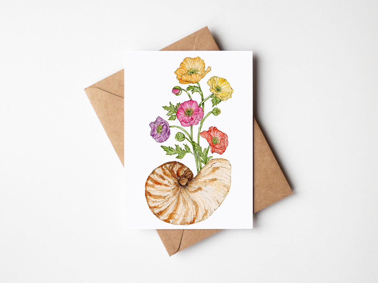 Iceland Poppies & Nautilus Shell Greeting Card