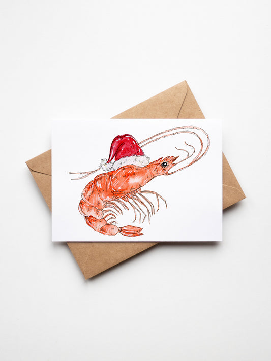 Christmas Card with a prawn wearing a Santa hat on a white background Top End Christmas cards, Aussie Christmas cards, NT Christmas cards