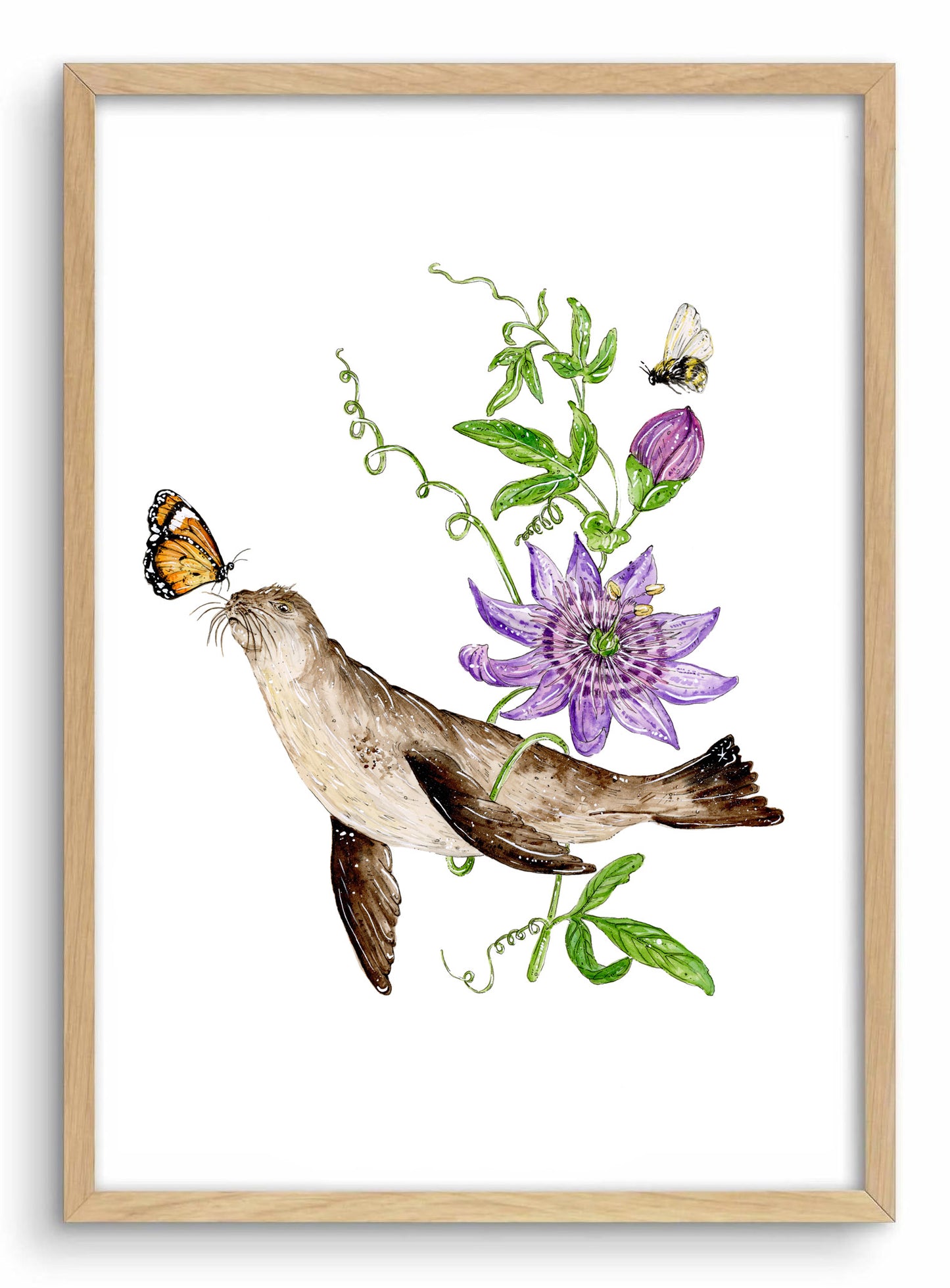 'Serenade of the Sea' – Seal & Passionflower | Watercolour Art Print