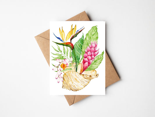 Tropical Flowers Mermaid Vase Greeting Card